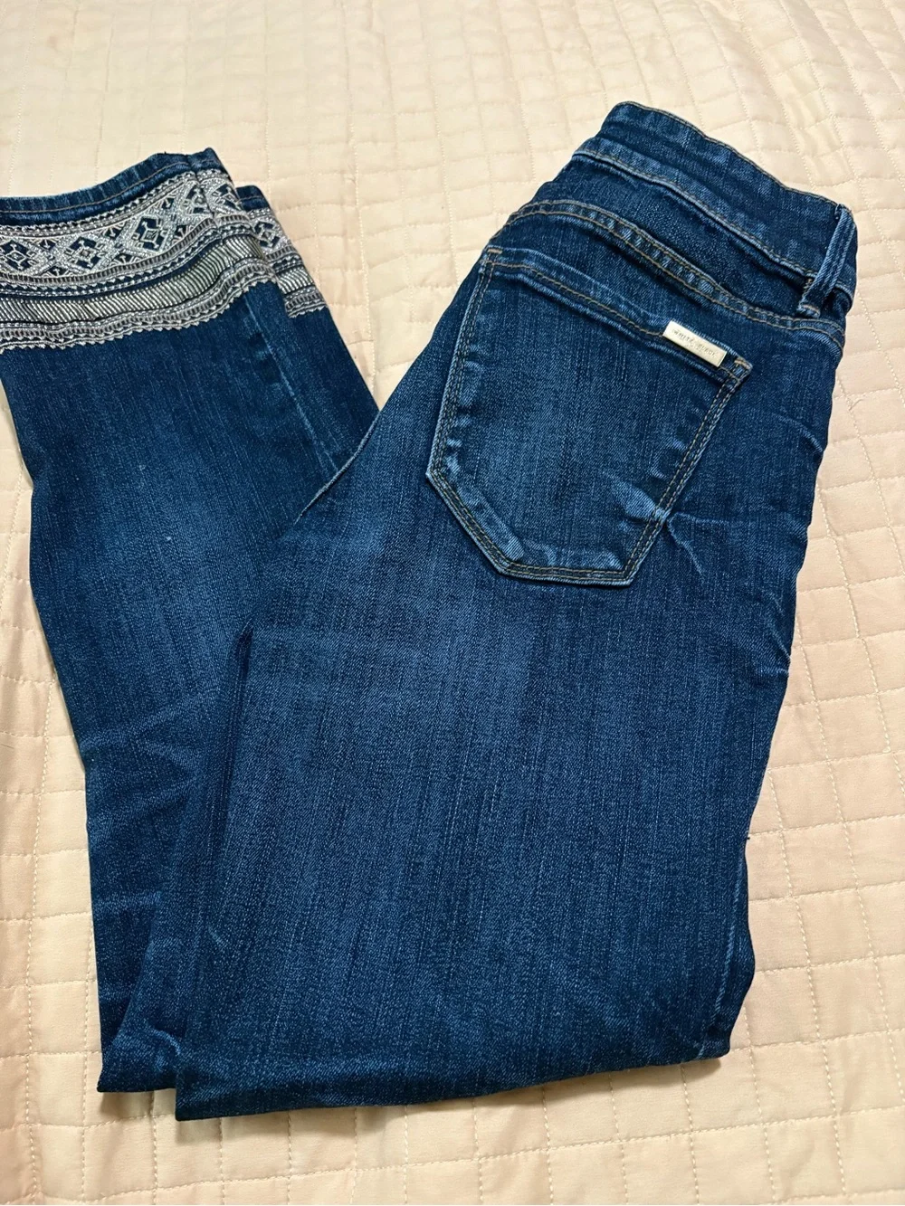 White House Black Market Dark Blue Embroidered Knee Skinny Jeans